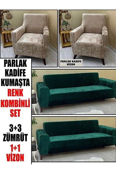 KILIFSAN PARLAK KADİFE KUMAŞ RENK KOMBİNLİ 2 ADET ÜÇLÜ & ÇEKYAT- 2 ADET TEKLİ...