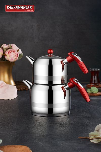 Kahramanlar Steel Rain Medium Size Steel Teapot Red