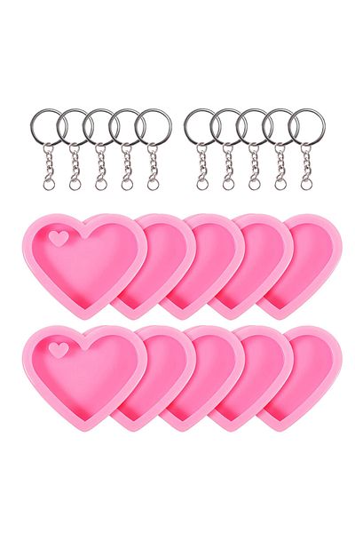 Choice J2617 20pcs Heart Keychain Molds Set 10 Heart Silicone Mold With Hole 10 Key Rings Pendant Jewelry M