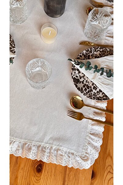 EVYA 40X110 cm Scalloped Ruffled Bohemian American Service - 100% Cotton Raw Linen Runner, Dining Table