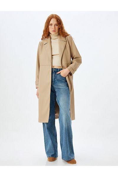 Koton Long Faux Leather Trench Coat Double Breasted Belted Pockets Buttoned