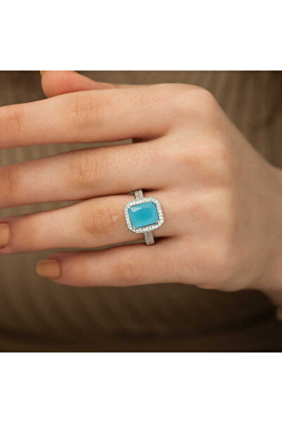 Gumush Gümüş Turkuaz Baget Kare Yüzük