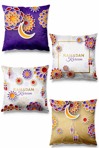 Pilloveland Çift Tarafı Baskılı Ramazan Violet Desenli 4'lü Set Süet Kırlent Kılıf Ramadan Kareem