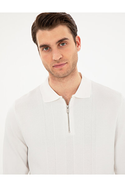 Pierre Cardin Ekru Regular Fit Fermuarlı Polo Yaka Triko Kazak 50296453-VR019