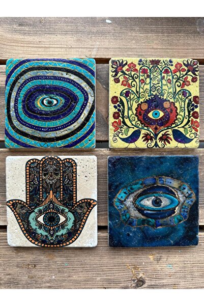 woodhomeworks طقم قواعد زجاجية مطبوعة من الحجر الطبيعي مكون من 4 قطع - عين الشر