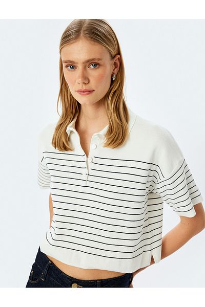 Koton Pulover tricot subțire cu guler polo supradimensionat cu dungi cu nasturi