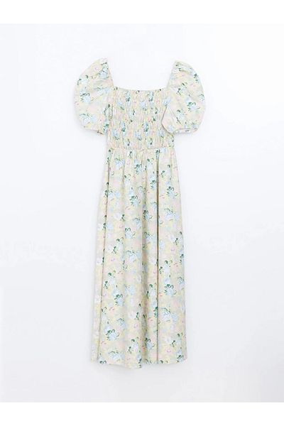 LC Waikiki Xside Green Square Neck Floral Women's Dress