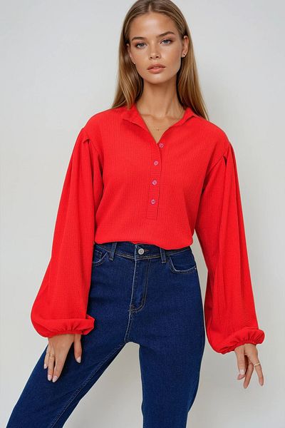 VAGGON Bluză cămașă texturată cu guler și mânecă cu balon de culoare coral - Prmx11872
