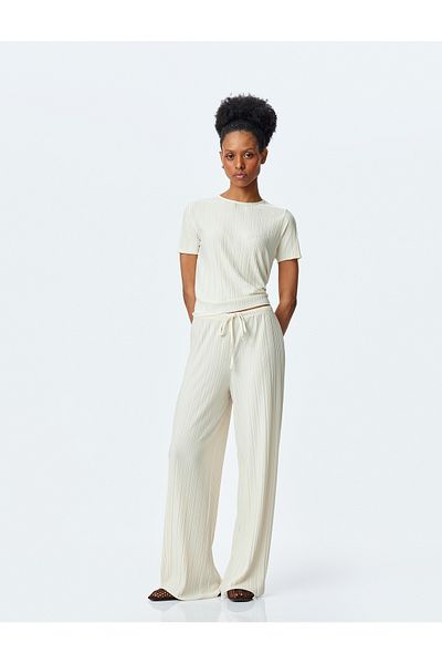 Koton Comfortable Fit Wide Leg Pleated Trousers with Tie Waist