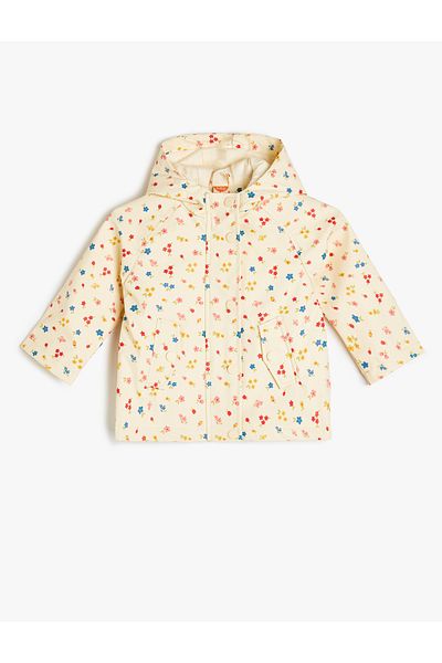 Koton Floral Print Long Sleeve Pocket Detailed Hooded Raincoat