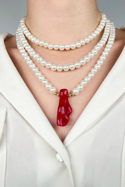 Sose Moda Natural Coral End Three Rows Design Pearl Necklace - Red