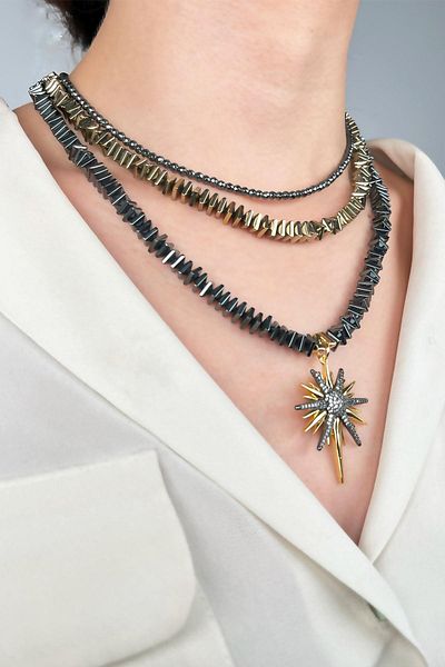 Sose Moda Natural Hematic Stone Design Necklace with Polar Star End - Smoked
