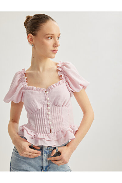 Koton Decolteu cu volane, cu mâneci cu balon scurte, bluză cu nasturi