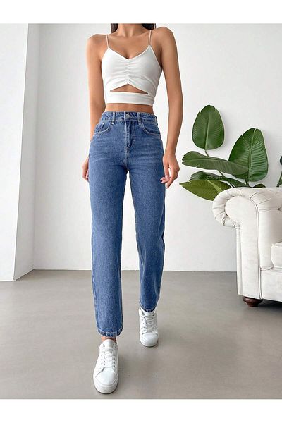 Noxter Pantaloni de damă din denim cu talie înaltă, spălat închis