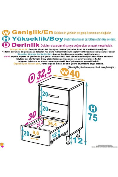 Modilayn SÖKE 3' lü Çekmece Banyo Dolabı 40x75x32,5 cm’ lik Çok Yönlü Çekmecelerle Daha Düzenli