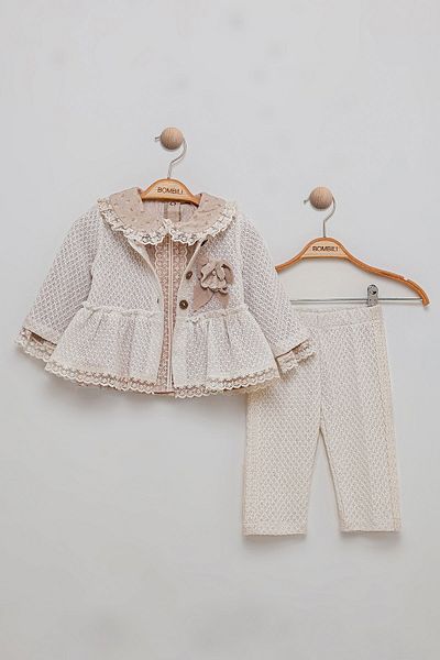 Bombili 3-Piece Baby Girl Set with Lace Collar, Elastic Waist, Jacket, Blouse, Pants Combination