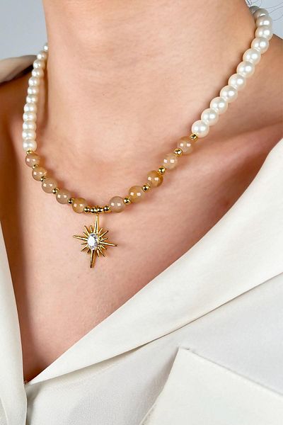 Sose Moda Pearl and Bead Necklace with Polar Star End - Mink