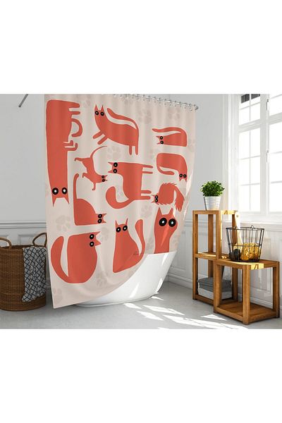 Zethome 1X180X200 Single Wing Ring Shower Curtain with Gift - Cats Bathroom