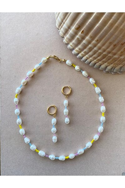 By Saadet Özkanlı Kadın Renkli Cam Boncuklu Arpa Inci Kolye Mavi, Pembe, Sarı