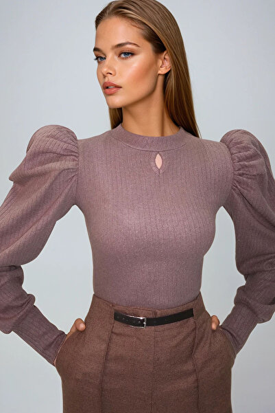 VAGGON Γυναικεία μπλούζα με πλεκτά μανίκια με λαιμόκοψη βιζόν