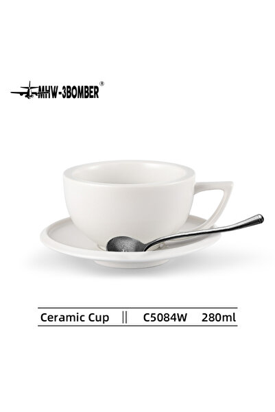 Choice 280ml White MHW-3BOMBER 280ml Ceramic Coffee Cup with Saucer & Spoon Set Art Latte Espresso Mug for
