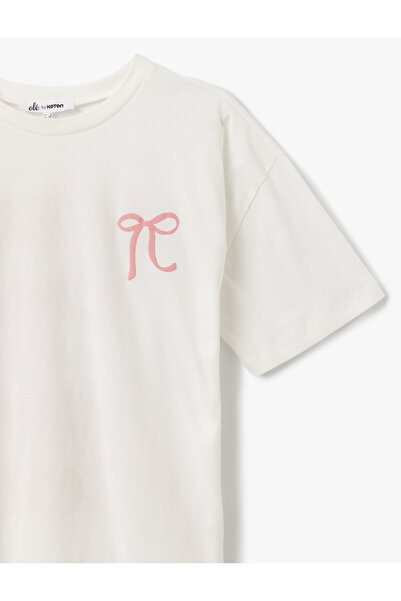 Koton Bow Detail Printed Back Short Sleeve Crew Neck T-Shirt