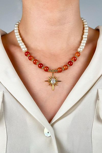 Sose Moda Pearl and Bead Necklace with Polar Star End - Orange