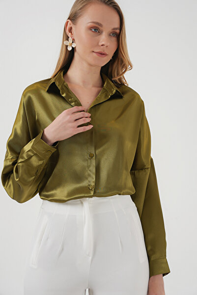 Bigdart 3985 Model Y.Khaki Satin Oversize Shirt