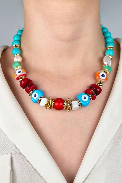 Sose Moda Natural Turquoise Stone Coral and Pearl Special Design Necklace - Turquoise