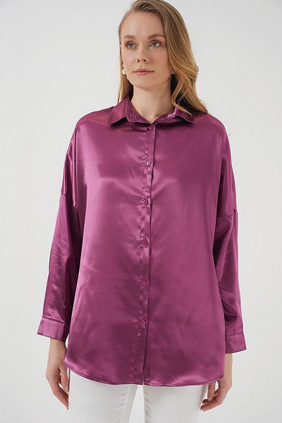 Bigdart Model 3985 - Cămașă oversize din satin de culoare liliac închis