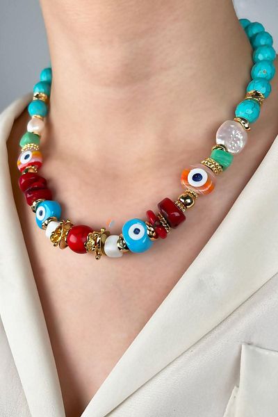 Sose Moda Natural Turquoise Stone Coral and Pearl Special Design Necklace - Turquoise