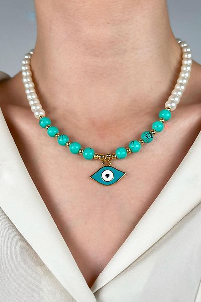 Sose Moda Evil Eye End Pearls and Beads Necklace - Turquoise