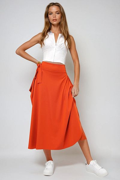 VAGGON Women's Orange Asymmetrical Cut Waist Tie Skirt Prmx5001