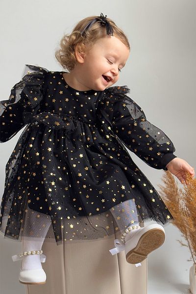 ALYRA Baby Girl Child Starry Tulle Tutu Long Sleeve Combed Cotton Lined Birthday Special Occasion Party Dress