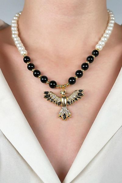 Sose Moda Pearl and Bead Necklace with Phoenix - Black