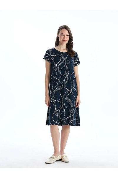 LC Waikiki Lcw Grace Navy Blue Crew Neck Print Women's Dress