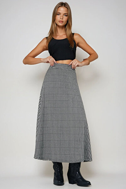 VAGGON Women's Black and White Elastic Waist Suede Textured Patterned Long Skirt Prmx13182