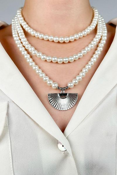 Sose Moda Fan Model Three Rows Design Pearl Necklace - Silver