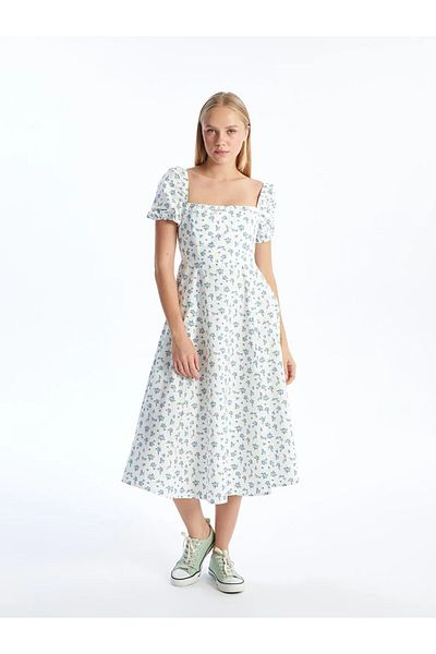 LC Waikiki XSIDE Rochie de damă cu decolteu pătrat albastru cu flori