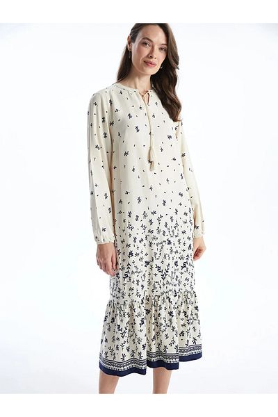 LC Waikiki Lcw Grace Ecru Lace-Up Collar Print Women's Dress