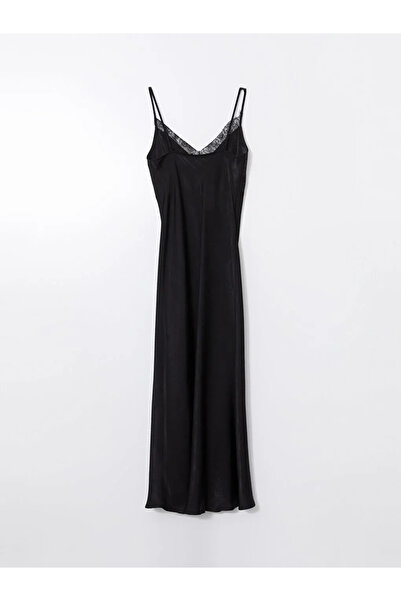 LC Waikiki Γυναικείο φόρεμα LCW Vision Μαύρο με λαιμόκοψη V με λεπτομέρεια από σατέν