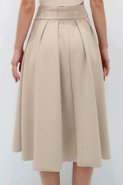 VAGGON Жіноча бежева спідниця середньої довжини з високою талією, широким поясом, прихованою блискавкою та підкладкою з фактурної тканини Prmx13473