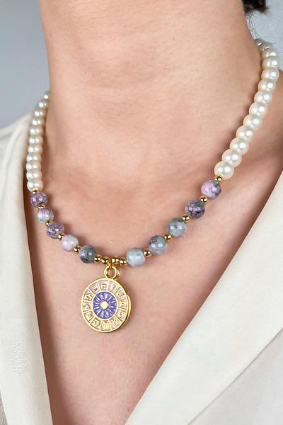 Sose Moda Lilac Zodiac Medallion End Pearl and Bead Necklace