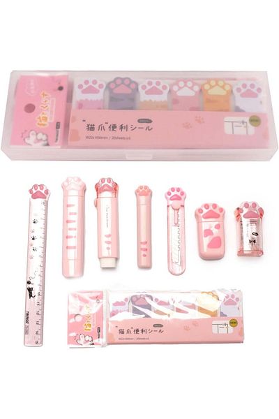 Choice Pink Set Twingo 9 Pieces A Stationery Set, Cute Pink Cat Claw Pencil Box Set, To Meet The Needs Of D