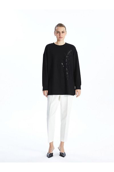 LC Waikiki Lcwaikiki Classic Crew Neck Sequin Embroidered Oversize Women's Sweatshirt Tunic