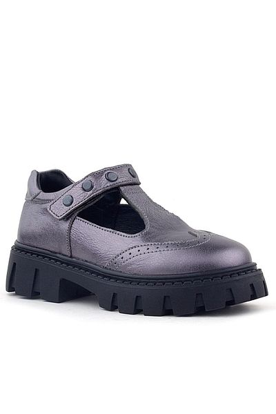 Rakerplus Pantofi de școală pentru fete din piele naturală, metal platină, cu velcro