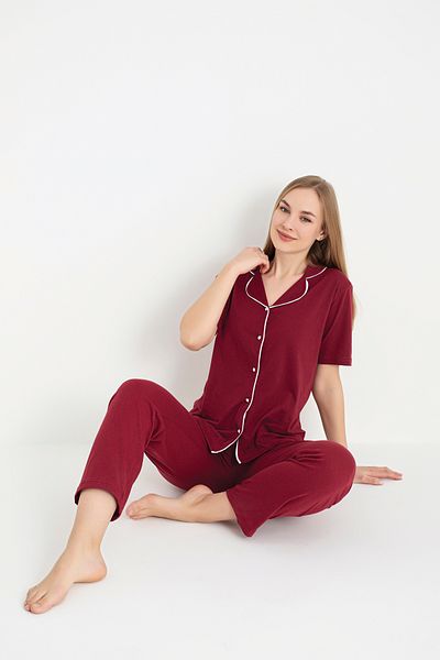 Sude HOMEWEAR Set de pijamale cu mânecă scurtă din bumbac, culoare visiniu