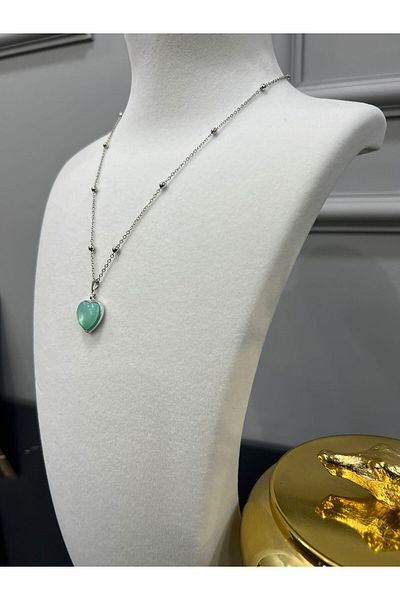 Store Turquaz Heart Necklace Steel Necklace with Silver Ball Chain