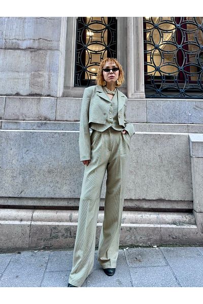 Bak'ap Beige Mini Plaid Vest and Palazzo Pants - Padded Crop Blazer Jacket 3-Piece Set