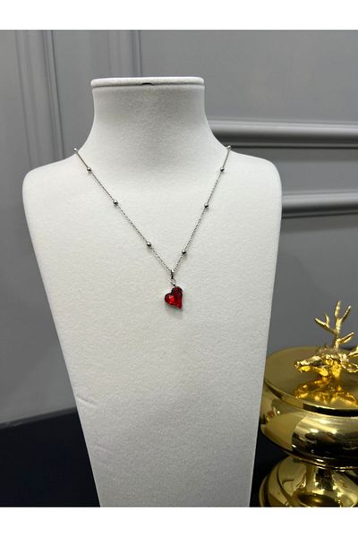 Store Beaded Ball Chain Silver Red Heart Necklace Valentine's Day Birthday
